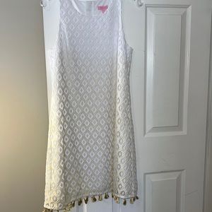 Lilly Pulitzer Marquette Lace White and Gold shift dress with gold tassels!